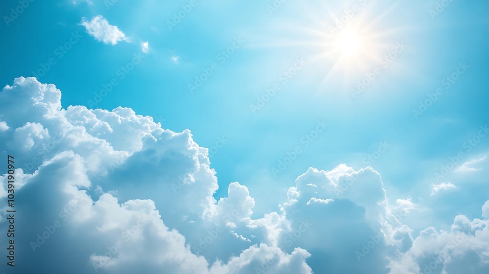 Blue Sky With Fluffy White Clouds And Sun