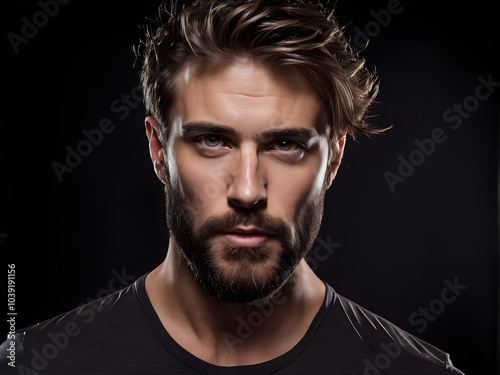 Closeup view portrait of one handsome bearded young macho man with strong look hazel eyes and sexy lips standing in light looking forward in studio on black background