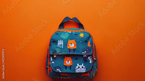 Colorful Backpack with Animal Designs on Orange Background