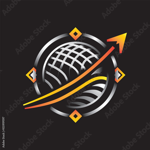 Global Innovation Futuristic Growth Logo. An upward-curving arrow cuts across the design, representing growth, success, and forward movement.