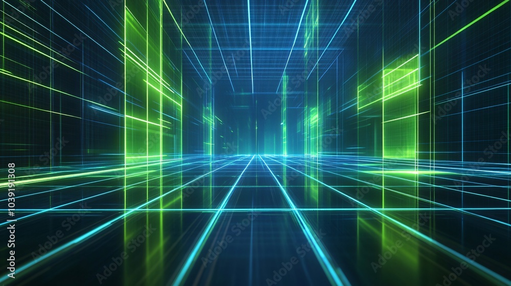 Abstract background with glowing green and blue lines in a grid pattern. Abstract background with glowing green and blue lines in a grid pattern.