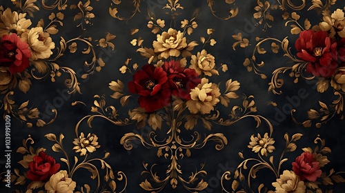 A dark blue background with a repeating pattern of golden floral vines and red and cream roses.