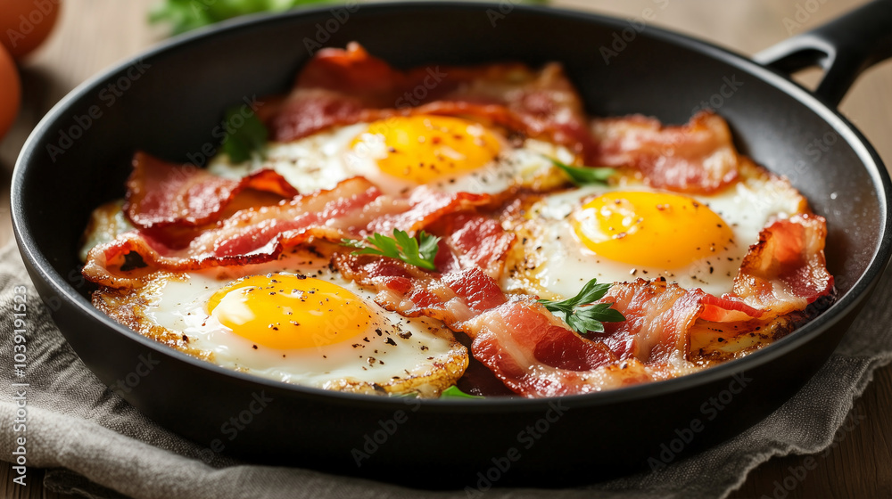 Breakfast, fried eggs and bacon Breakfast, fried eggs and bacon