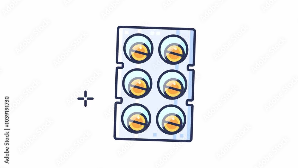 Animated pack of pills with six compartments, each containing a circular tablet, designed for medication. Animated pack of pills with six compartments, each containing a circular tablet, designed for medication.