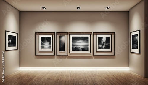 Three identical black frames in a row on light gray wall, ready for image insertion. minimalist 6 photo