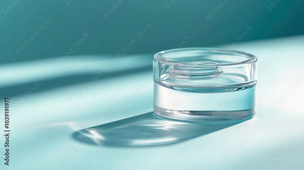 Glass Container Filled with Clear Liquid on a Light Blue Background Glass Container Filled with Clear Liquid on a Light Blue Background