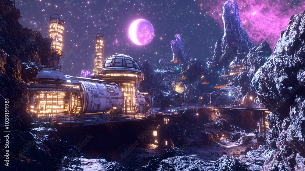 A futuristic landscape features illuminated structures amidst an alien terrain under a purple-hued sky with stars and a large planet.