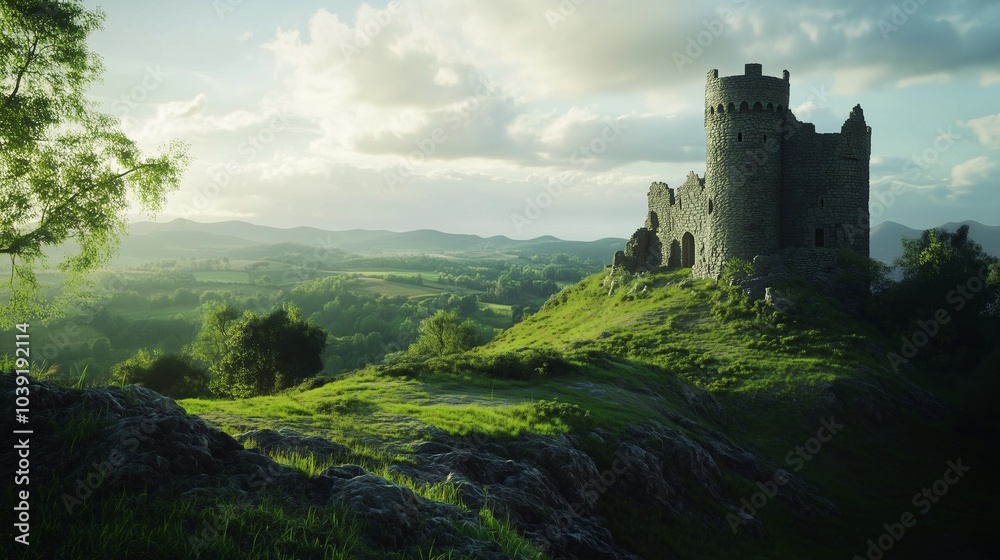 Medieval stone castle perched on a hilltop, surrounded by lush greenery and rolling hills Medieval stone castle perched on a hilltop, surrounded by lush greenery and rolling hills