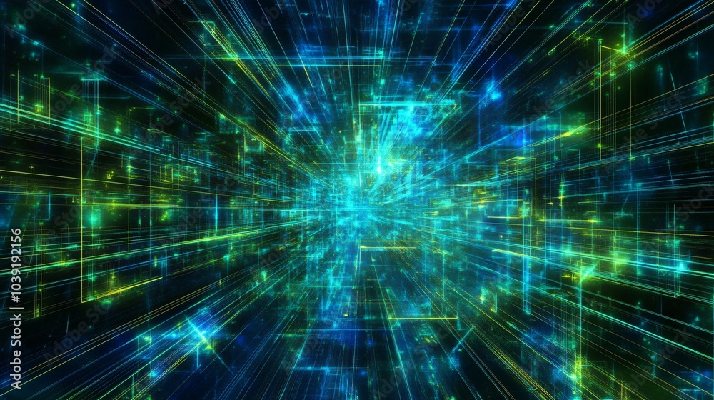 Abstract background with glowing lines and dots in blue and yellow on a black background. Abstract background with glowing lines and dots in blue and yellow on a black background.