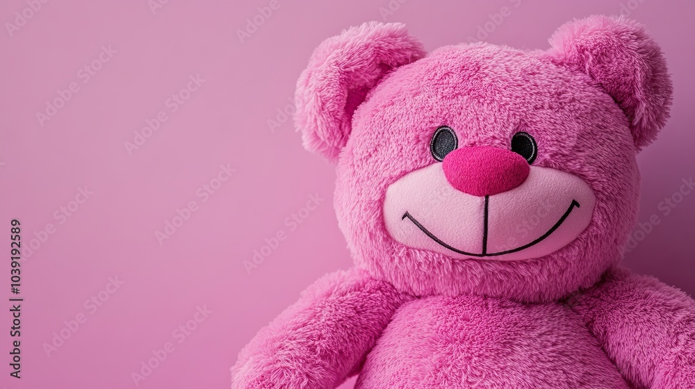 Pink Teddy Bear with Smiling Face Against Pink Background Pink Teddy Bear with Smiling Face Against Pink Background