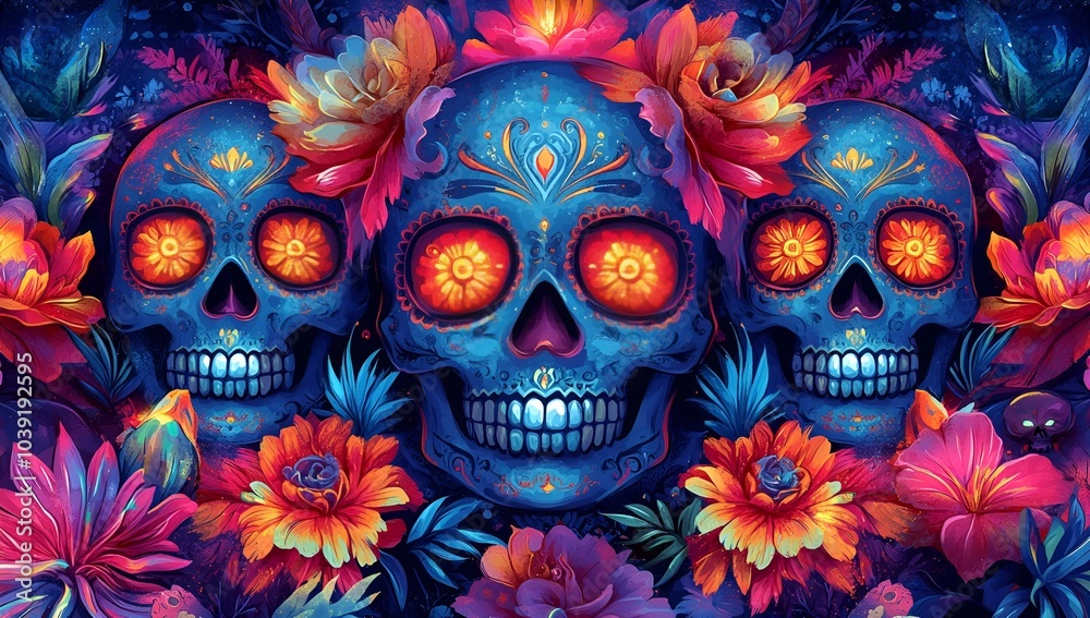 a group of skulls with flowers
a group of skulls with flowers