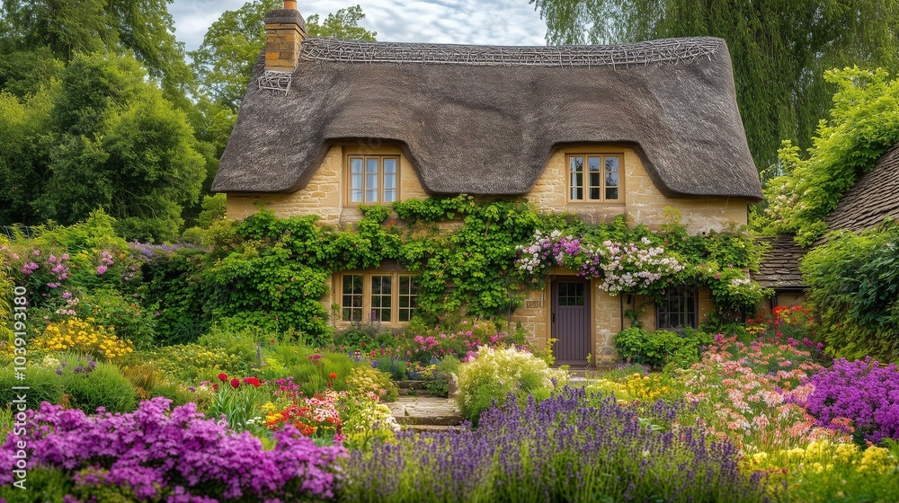 Fototapeta premium Rustic English cottage with a thatched roof, ivy-covered walls, and a blooming garden
