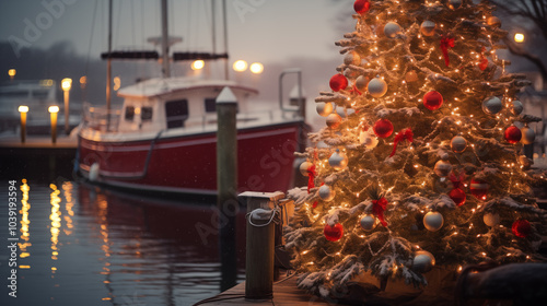 Nautical Christmas Illustration Fishing Boats, Lobster, Tugboat ~ Created using Generative AI