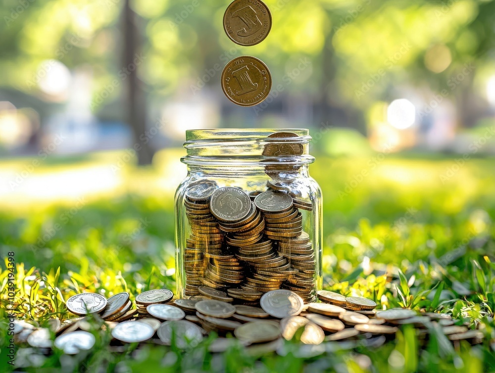 A jar filled with coins sits on grass as coins are dropped into it, symbolizing savings, wealth, and financial growth in a natural setting. A jar filled with coins sits on grass as coins are dropped into it, symbolizing savings, wealth, and financial growth in a natural setting.