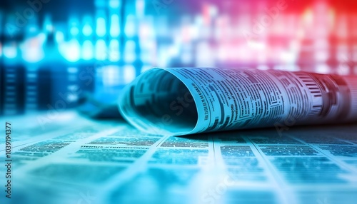 A partially rolled newspaper rests on a surface, with a backdrop of blue and red abstract digital data graphics.