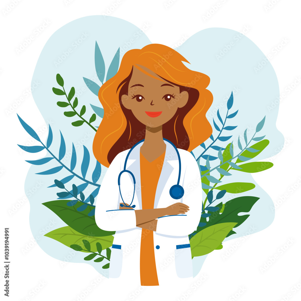 Flat Design Illustration of Friendly Female Doctor Crossing Hands with Plants Decoration