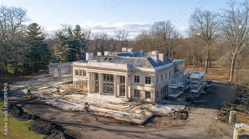 An aerial view of an architectural landmark being renovated with preservation techniques and modern updates, Landmark renovation scene, Historical preservation style