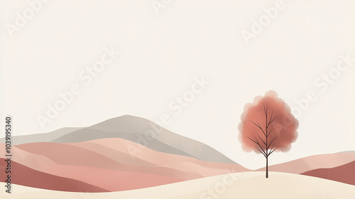 Abstract landscape with geometric hills and a single tree in the foreground, rendered in muted colors with a simple, minimal style