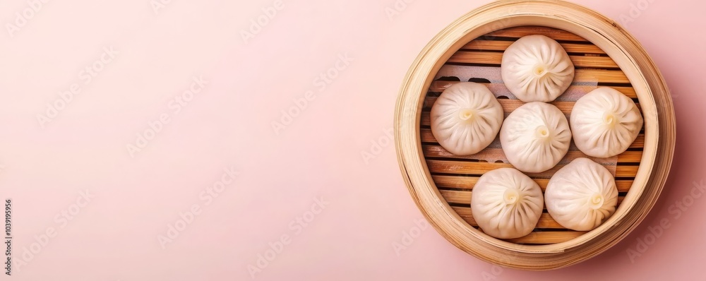 Steamed dumplings in a bamboo basket on a pastel pink background. Steamed dumplings in a bamboo basket on a pastel pink background.