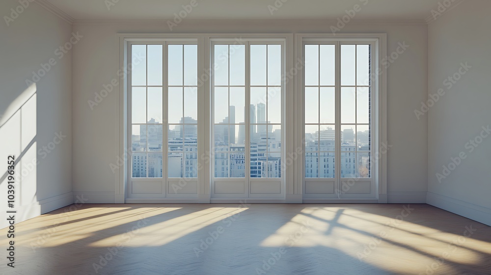 Empty Room with Large Windows and City View Empty Room with Large Windows and City View