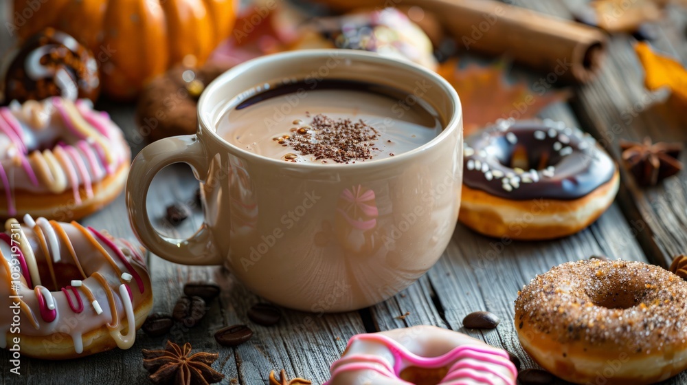 Rich coffee mug surrounded by colorful donuts, caramel drizzles, and cozy autumn tones, creating a warm, indulgent ambiance
