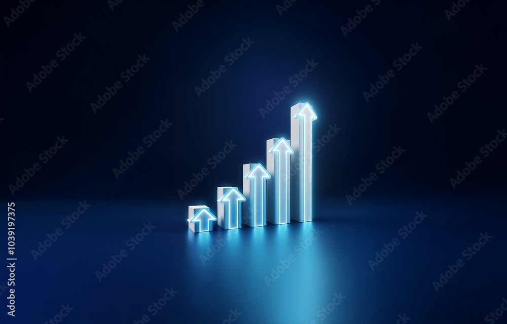 A glowing blue neon arrow graph ascends upward, symbolizing growth on a dark blue background. A glowing blue neon arrow graph ascends upward, symbolizing growth on a dark blue background.