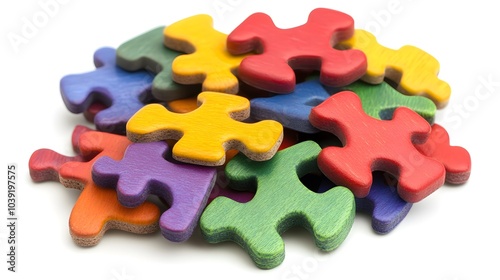 A colorful assortment of jigsaw puzzle pieces stacked together.