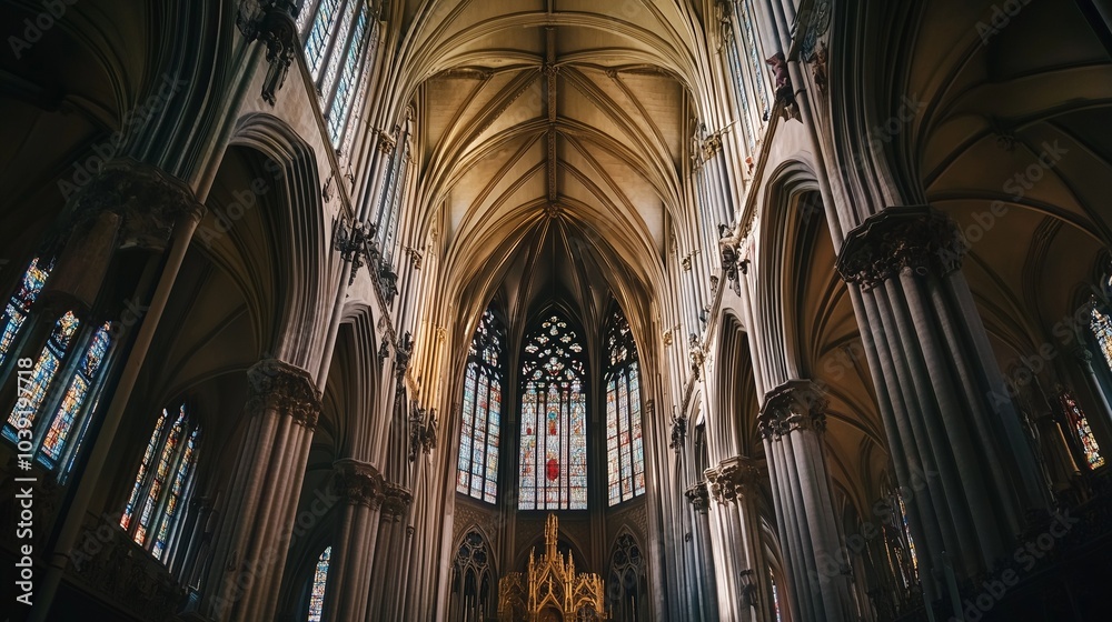 Gothic Revival church with tall spires, pointed arches, and detailed stained glass windows Gothic Revival church with tall spires, pointed arches, and detailed stained glass windows