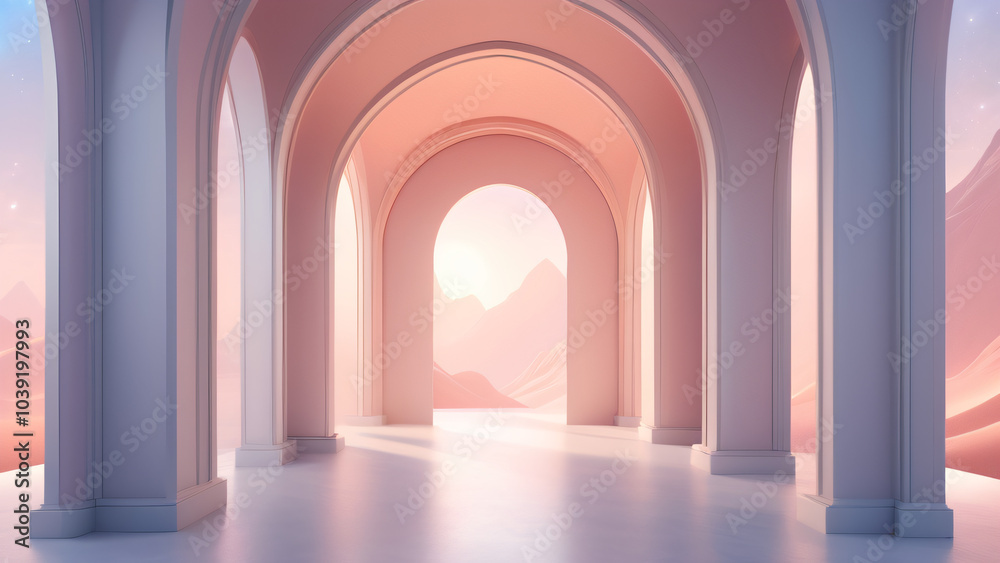 Fototapeta premium 3d rendering. Arch hallway simple geometric background, architectural corridor, portal, arch columns inside empty wall. Modern minimal concept
