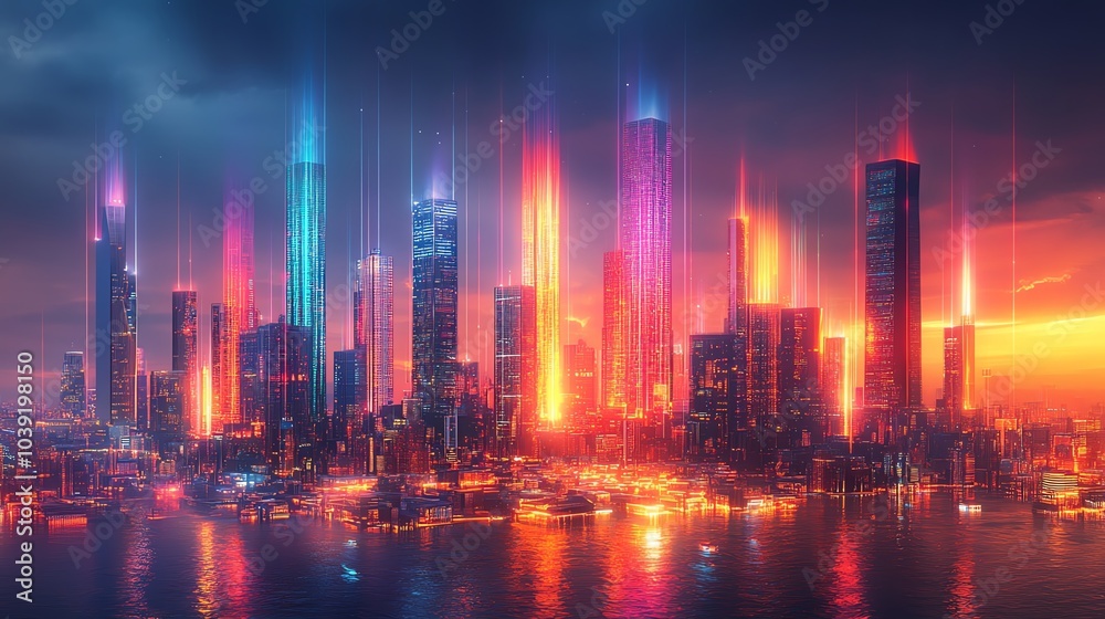 Futuristic skyline with colorful lights and reflections, vibrant night. Futuristic skyline with colorful lights and reflections, vibrant night.