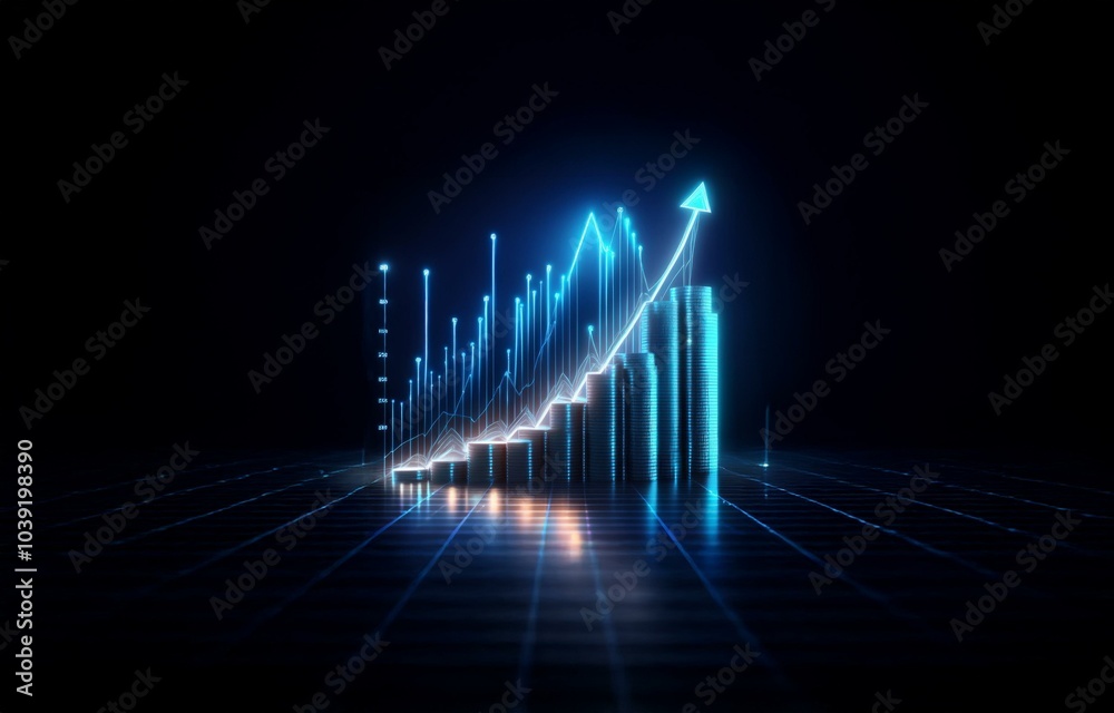 Naklejka premium A glowing blue line graph with an upward arrow, signifying growth and prosperity, is positioned above a stack of coins on a dark grid-like surface.