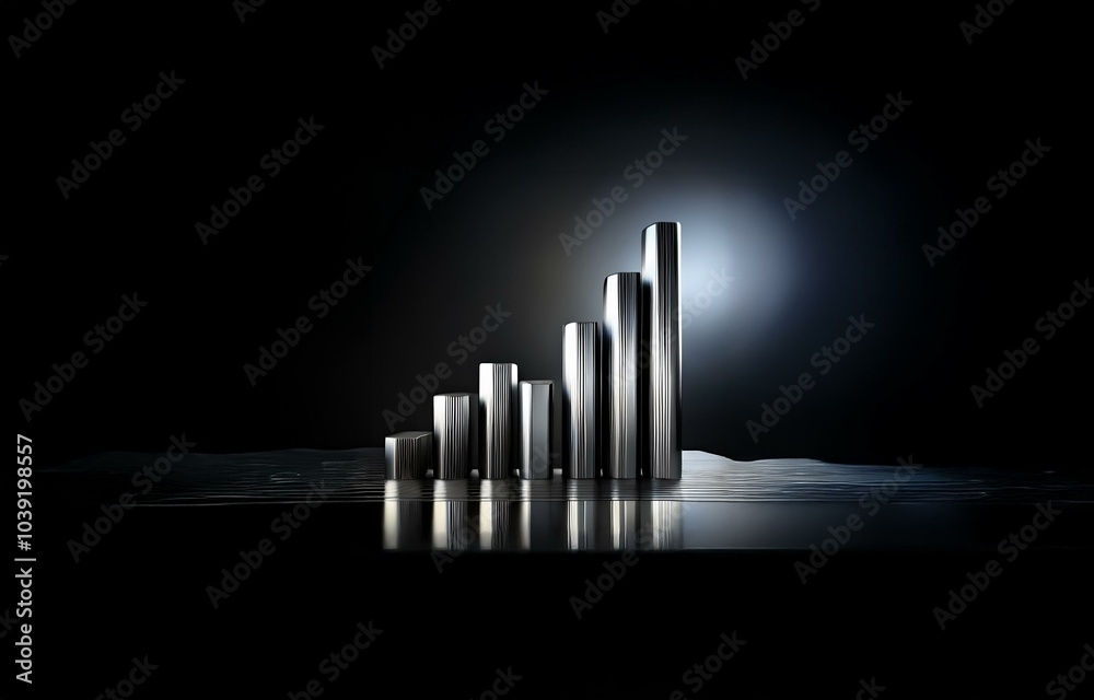 A silver bar graph ascends against a black background. There is a reflection in the bottom of the frame. A silver bar graph ascends against a black background. There is a reflection in the bottom of the frame.