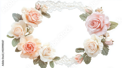 Delicate pastel floral wreath with soft pink and peach roses, arranged in a circular frame with green leaves and subtle lace accents, perfect for invitations or feminine design projects
