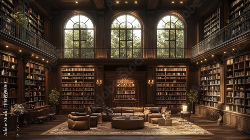 Elegant library interior with bookshelves and cozy seating.