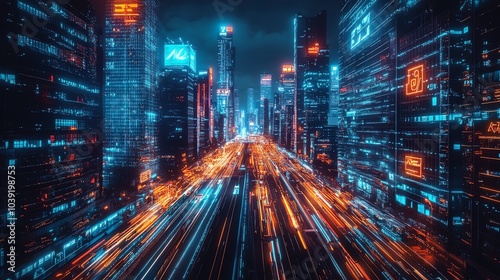 Vibrant night cityscape with neon lights and dynamic motion blur.