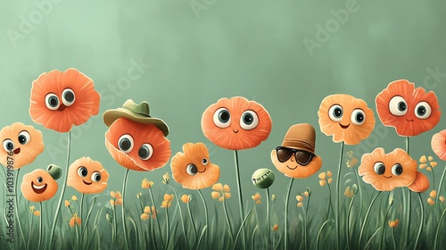 Whimsical flowers with faces and playful expressions, green background. photo