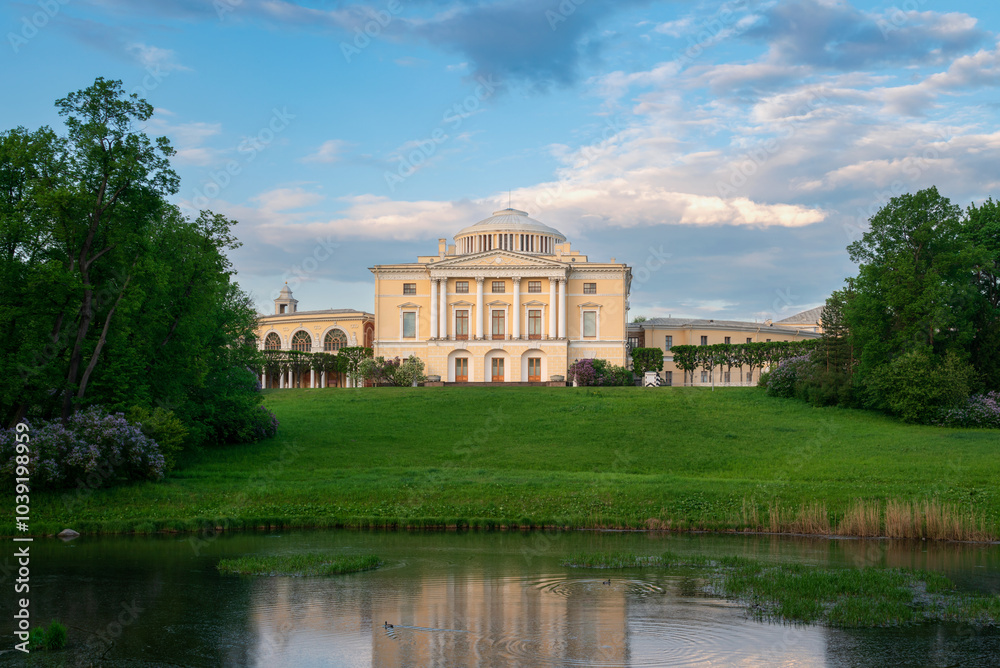 View of the Summer Palace of Emperor Paul I in Pavlovsky park from the Slavyanka River on a sunny summer day, Pavlovsk, Saint Petersburg, Russia View of the Summer Palace of Emperor Paul I in Pavlovsky park from the Slavyanka River on a sunny summer day, Pavlovsk, Saint Petersburg, Russia