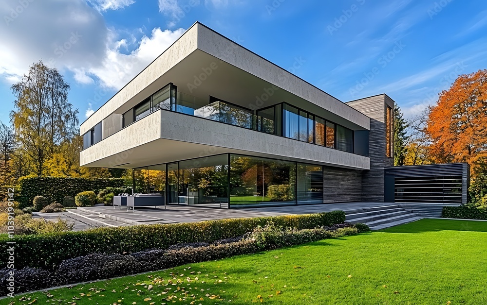 A modern, minimalist house with large glass windows, surrounded by greenery and autumn foliage under a bright blue sky. A modern, minimalist house with large glass windows, surrounded by greenery and autumn foliage under a bright blue sky.