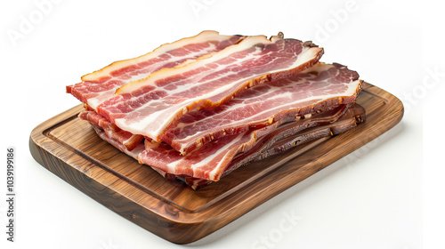 one plate of bacon on a wooden plate. a plate of bacon on a white background