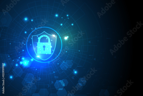 Padlock with shield security, Protection security technology digital, Business privacy protect, Cyber data and information privacy.
