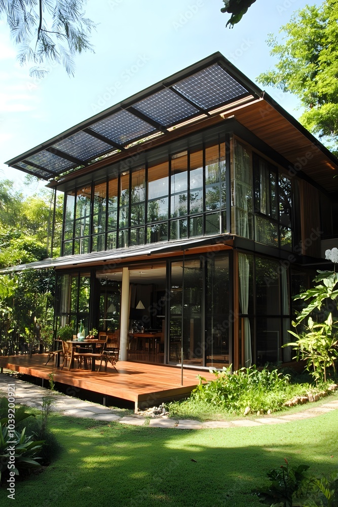 A modern glass house surrounded by lush greenery, featuring a wooden deck and sleek design, harmonizing with the natural landscape. A modern glass house surrounded by lush greenery, featuring a wooden deck and sleek design, harmonizing with the natural landscape.