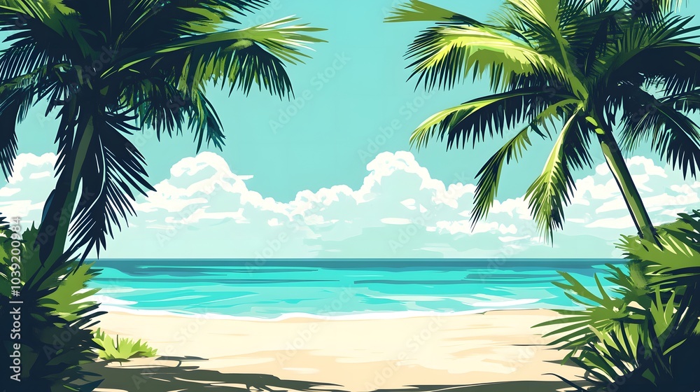 A serene beach scene with palm trees and a clear blue sky, evoking relaxation and tranquility. A serene beach scene with palm trees and a clear blue sky, evoking relaxation and tranquility.
