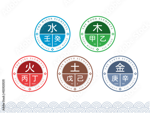 The Five Elements align with both Yin and Yang signs. Vector illustration