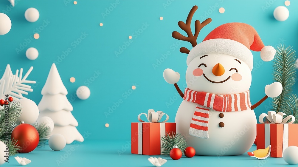 Cheerful snowman with gifts and decorations on a blue background.