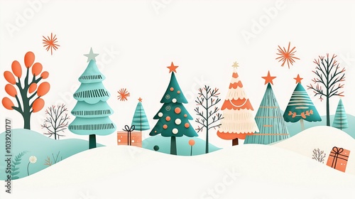 Colorful winter landscape with Christmas trees and gifts, white isolate background.