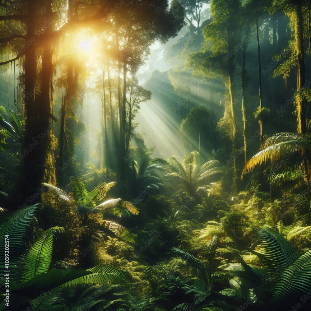 Lush tropical rainforest with rays of sunlight piercing through the trees Lush tropical rainforest with rays of sunlight piercing through the trees