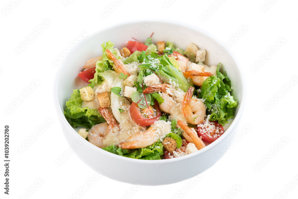 Caesar salad with shrimps on white background top view Caesar salad with shrimps on white background top view