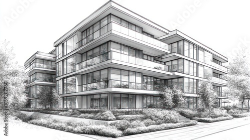 Architectural sketch of a modern multi-story building design.