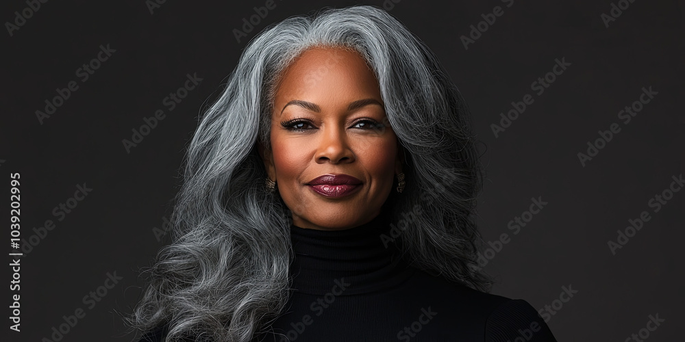 A beautiful African American woman with long gray hair wearing a black turtleneck, generative AI A beautiful African American woman with long gray hair wearing a black turtleneck, generative AI