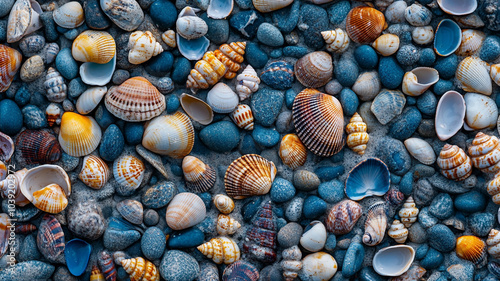 Colorful assortment of shells and pebbles collected on a sandy beach during low tide